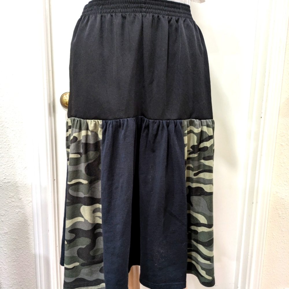 Upcycled Stylish Black and Camouflage Women's Skirt Elastic 30"Waist X 27"Length
